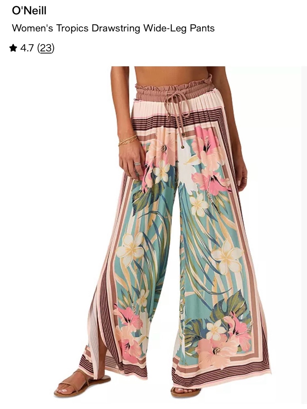 O'Neill Floral Tropical Wide-Leg Drawstring Pants - Pink, Teal, Cream size small